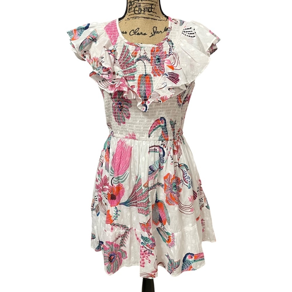 Banjanan Mini Dress Ilona Bird Floral Print Ruffled Trim Pink White Size Large